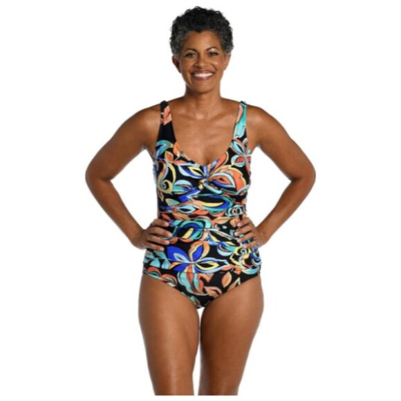 **Maxine Of Hollywood** Women's V-Neck Twist Front Shirred One Piece Swimsuit - Picture 2 of 8